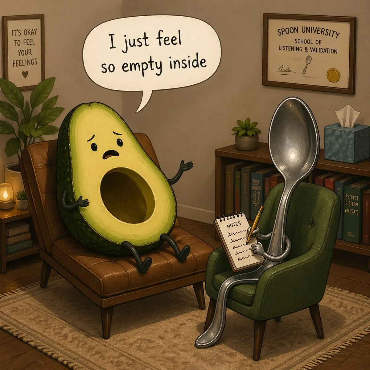 Humorous Avocado Therapy Cartoon Illustration - Typography, Portrait, Art - AI Generated Image
