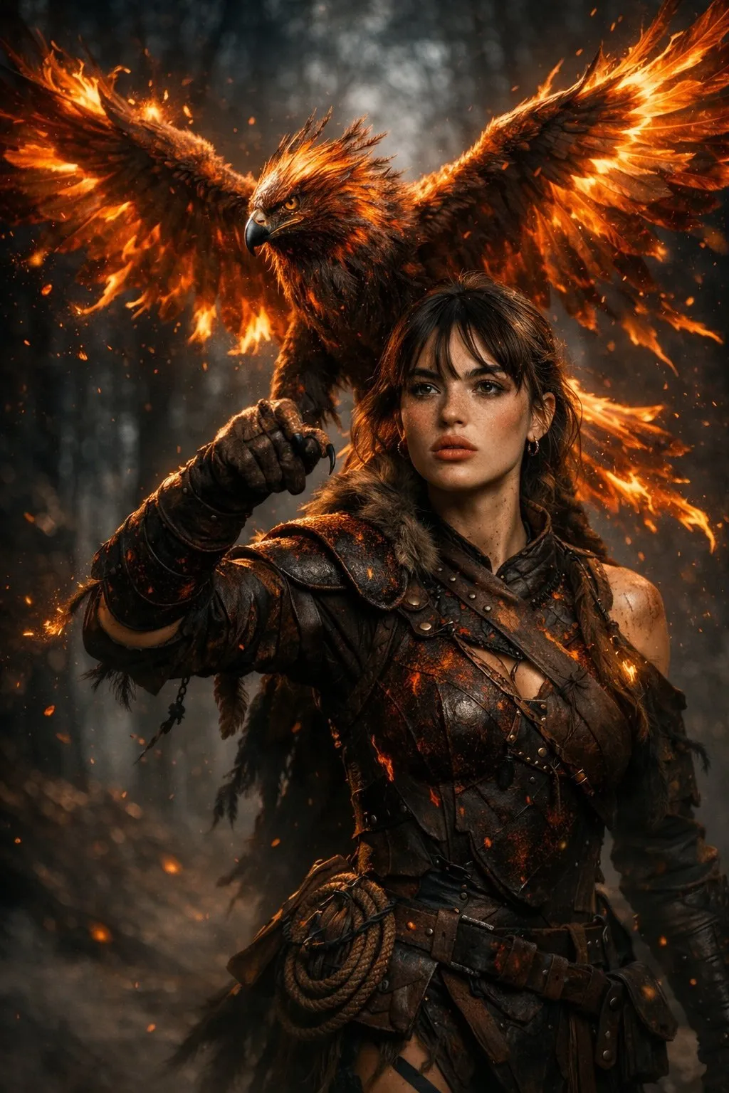Epic Female Falconer with Blazing Phoenix - Abstract, Storyboard, Animal - AI Generated Image