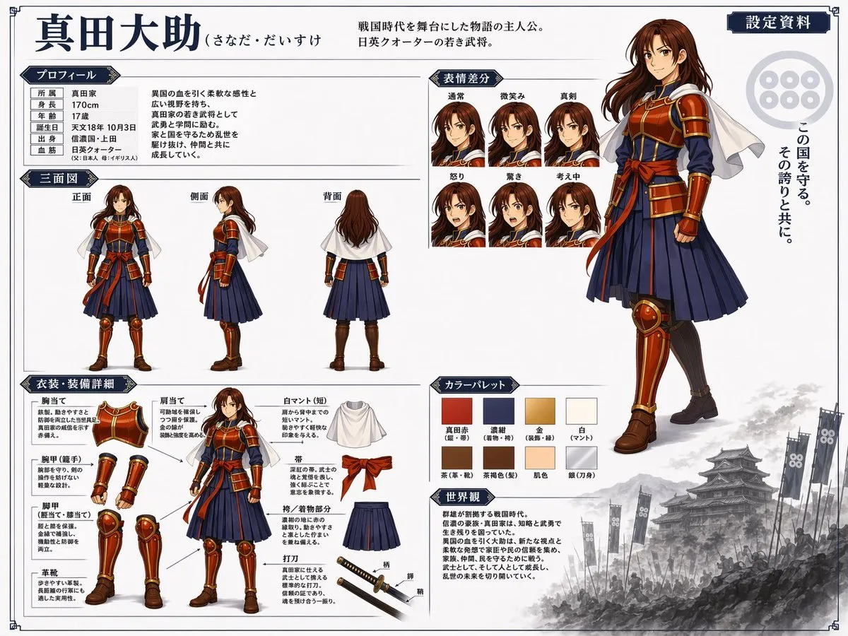 Samurai Warrior Character Design Sheet - Portrait, Food, Typography - AI Generated Image
