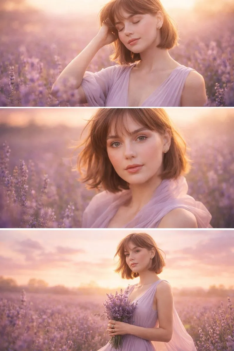 Dreamy Lavender Field Woman Triptych Portrait - Landscape, Photography, Storyboard - AI Generated Image