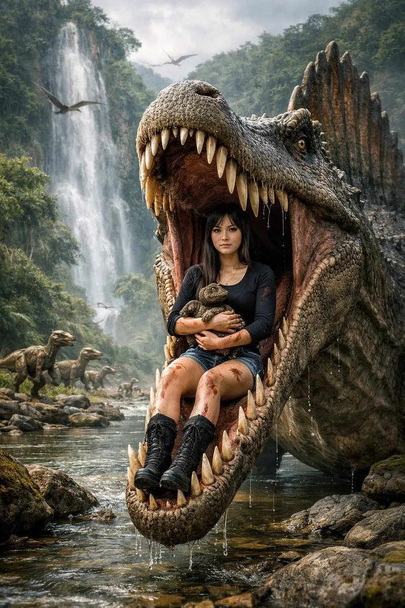 Epic Woman Riding in a Dinosaur Mouth - Photography, Storyboard, Landscape - AI Generated Image