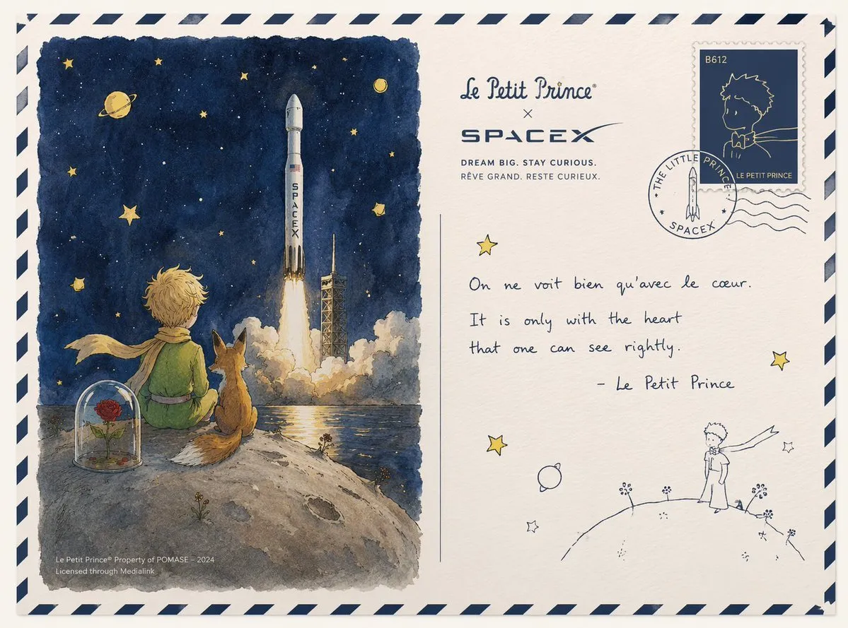 Charming Little Prince x SpaceX Postcard - Design - AI Generated Image