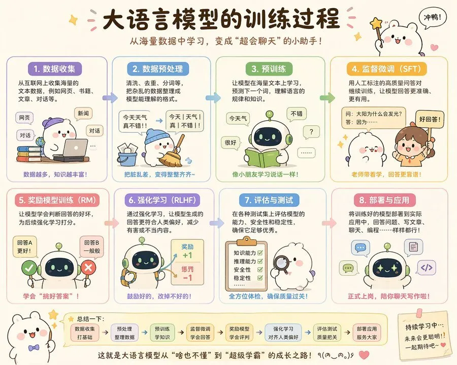 Cute LLM Training Process Infographic - Portrait, Anime - AI Generated Image