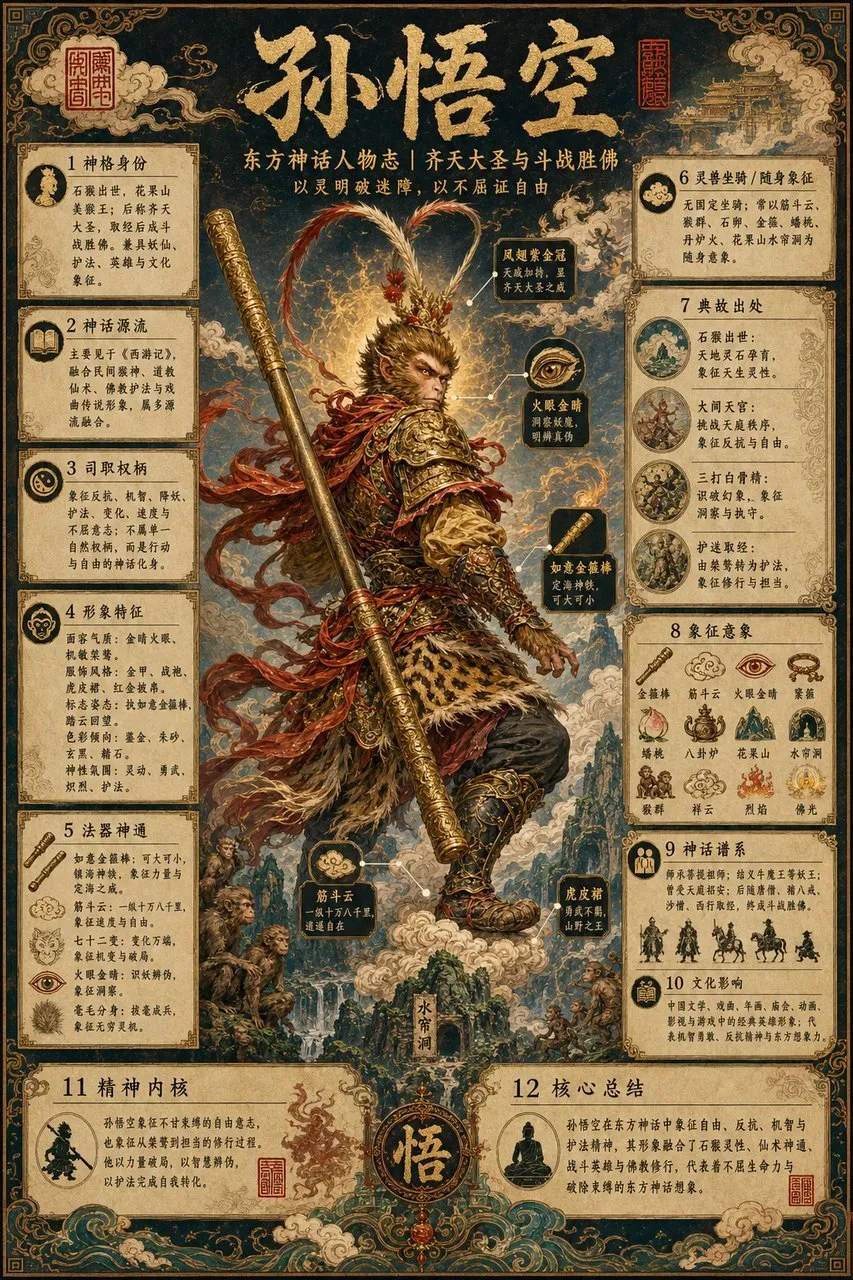 Majestic Sun Wukong Mythology Encyclopedia Poster - Portrait, Typography, Landscape - AI Generated Image