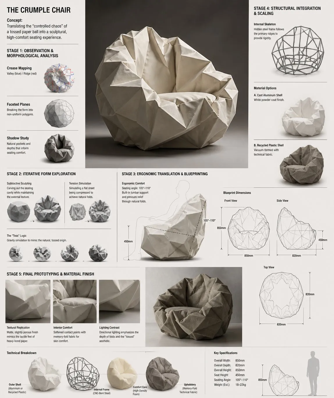 Innovative Crumple Chair Design Blueprint - Abstract, Design, Storyboard - AI Generated Image