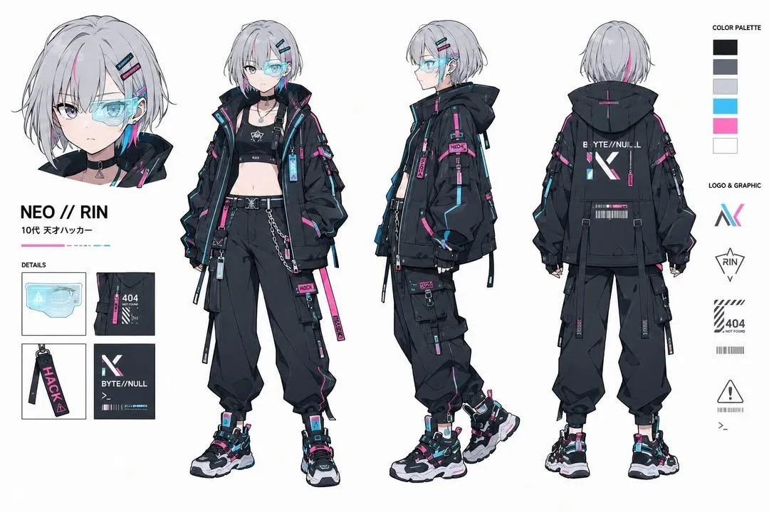 Cyberpunk Hacker Girl Character Design Sheet - Portrait, Tech, Abstract - AI Generated Image