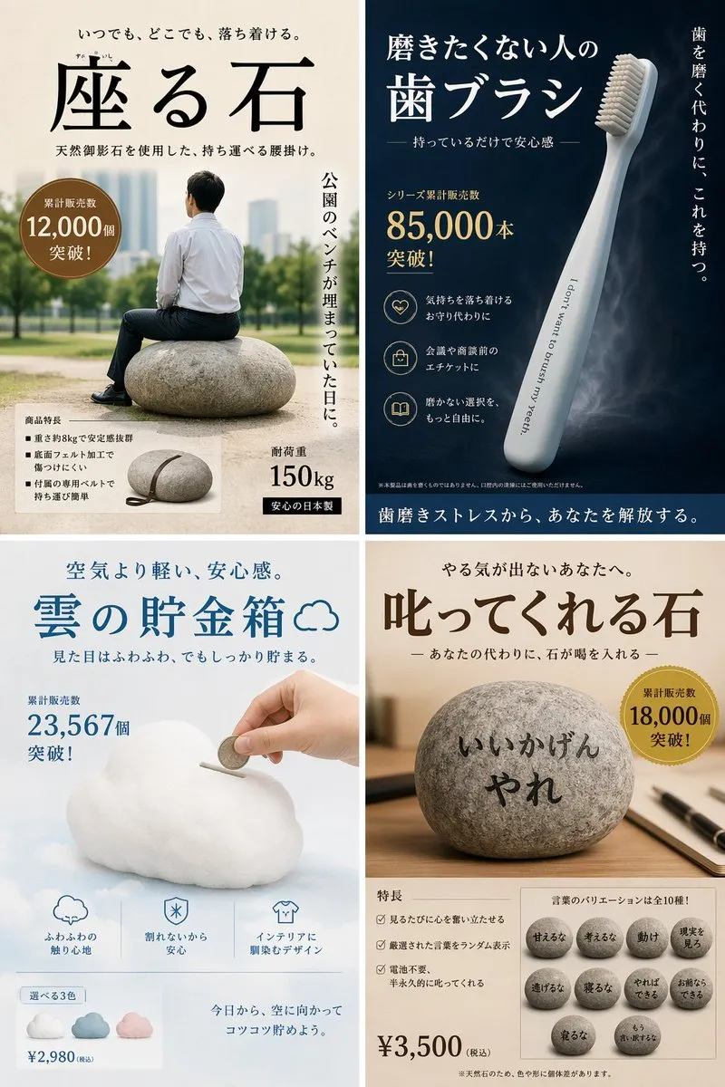 Satirical 2x2 Product Ad Parody Grid - Product, Portrait, Typography - AI Generated Image