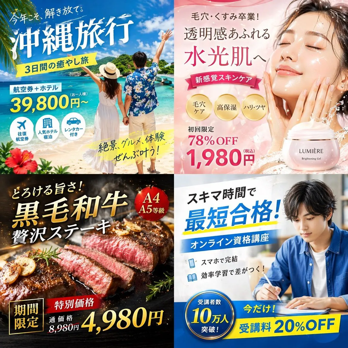 Japanese Travel & Food Digital Ad Grid - Landscape, Product, Travel - AI Generated Image