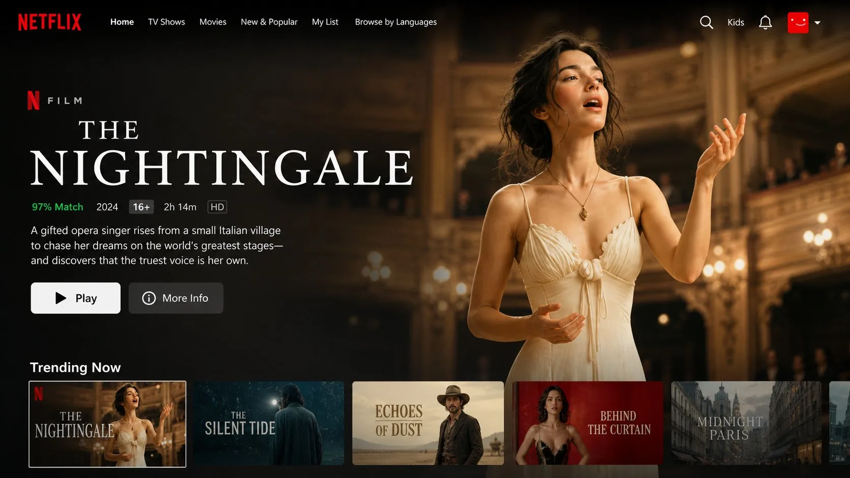 Netflix-Style Homepage UI with Hero Film - Interface, Design, Storyboard - AI Generated Image