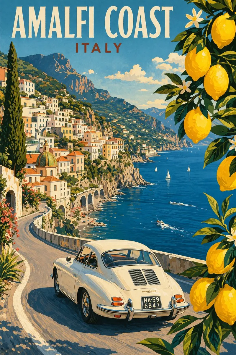 Cinematic and Illustrated Automotive Against Sky - Vintage, Illustration, Landscape - AI Generated Image