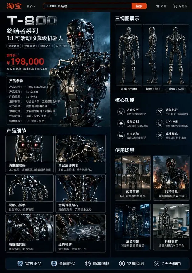 T-800 Robot Taobao Product Detail Page - Product, Tech, Storyboard - AI Generated Image