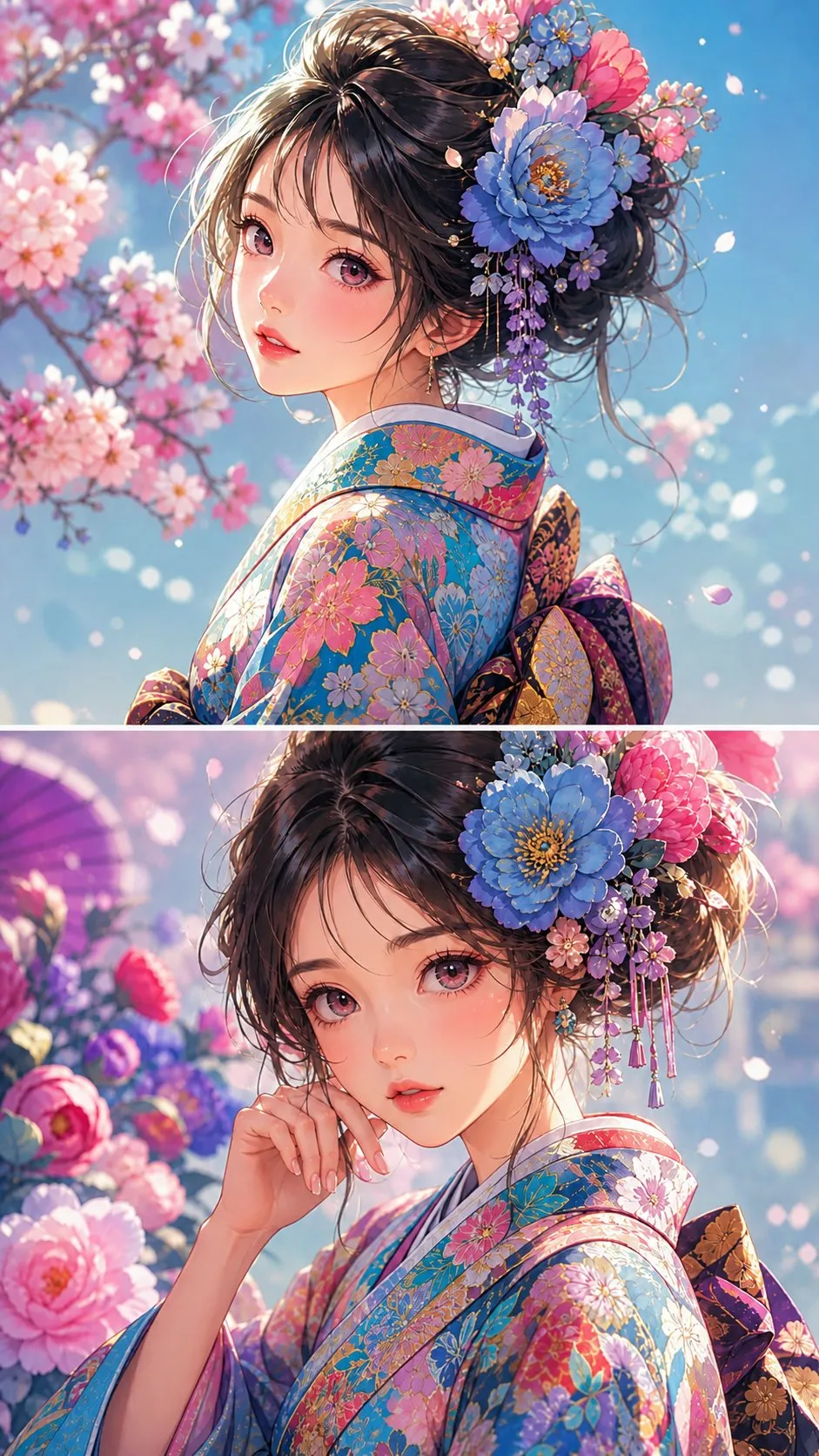 Dreamy Anime Girl in Floral Kimono Art - Portrait, Abstract, Art - AI Generated Image