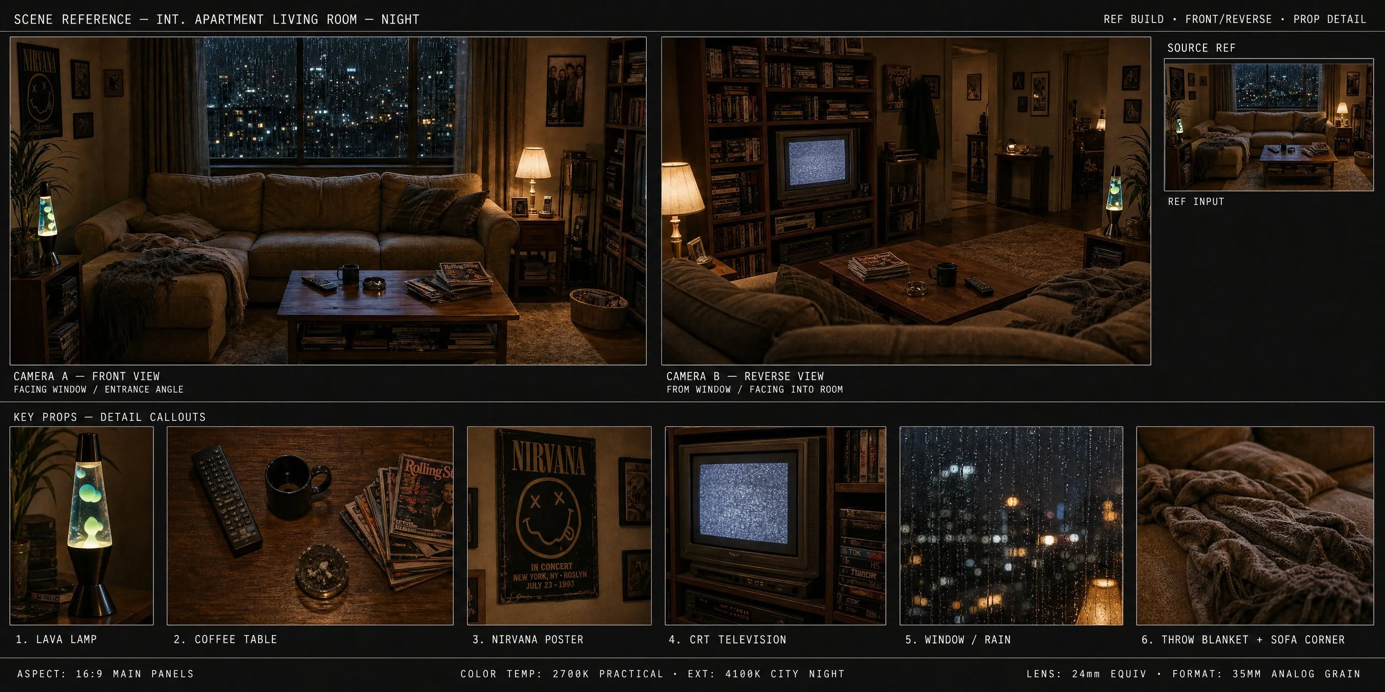 Cinematic 90s Apartment Living Room Reference Board - Photography, Storyboard, City - AI Generated Image