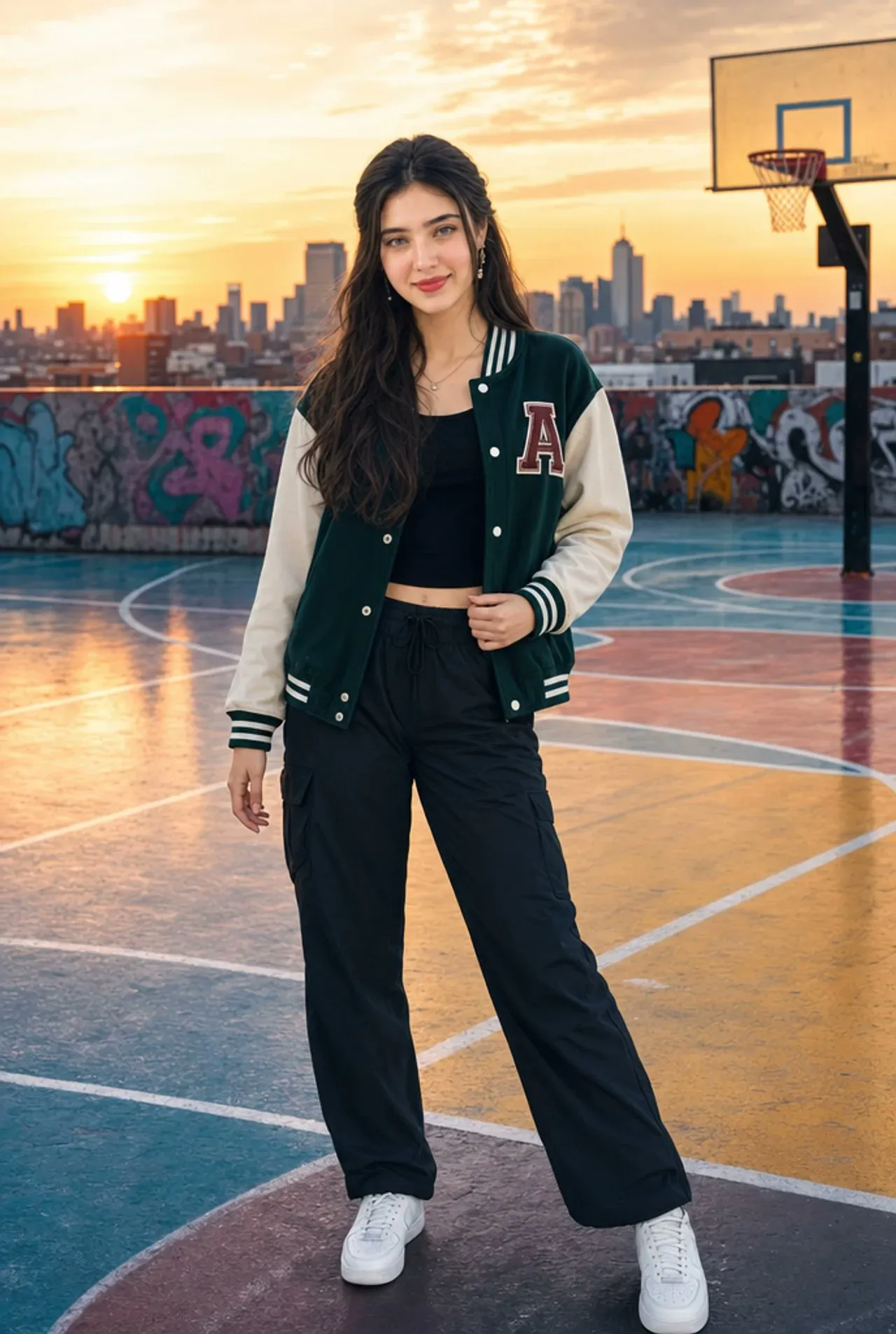 Stunning Rooftop Basketball Court Portrait - Photography, Portrait, Landscape - AI Generated Image