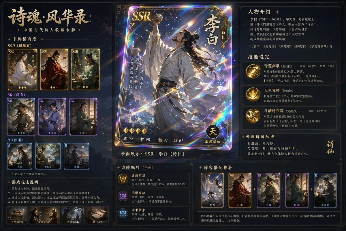 Premium Ancient Chinese Poet Game Card Set - Design, Portrait, Game - AI Generated Image