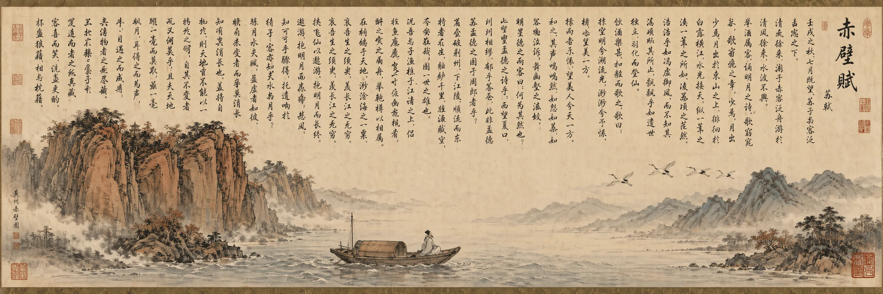 Epic Red Cliff Landscape Scroll Painting - Typography - AI Generated Image