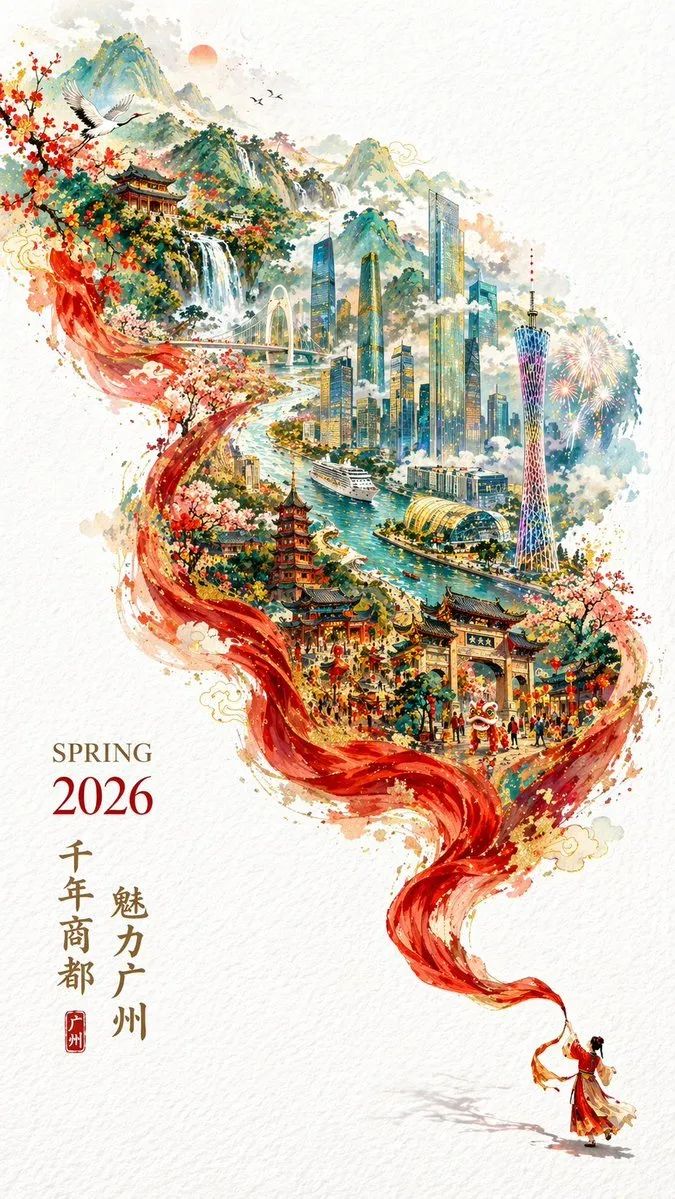 Elegant 2026 Guangzhou Spring City Poster - Landscape, City, Typography - AI Generated Image