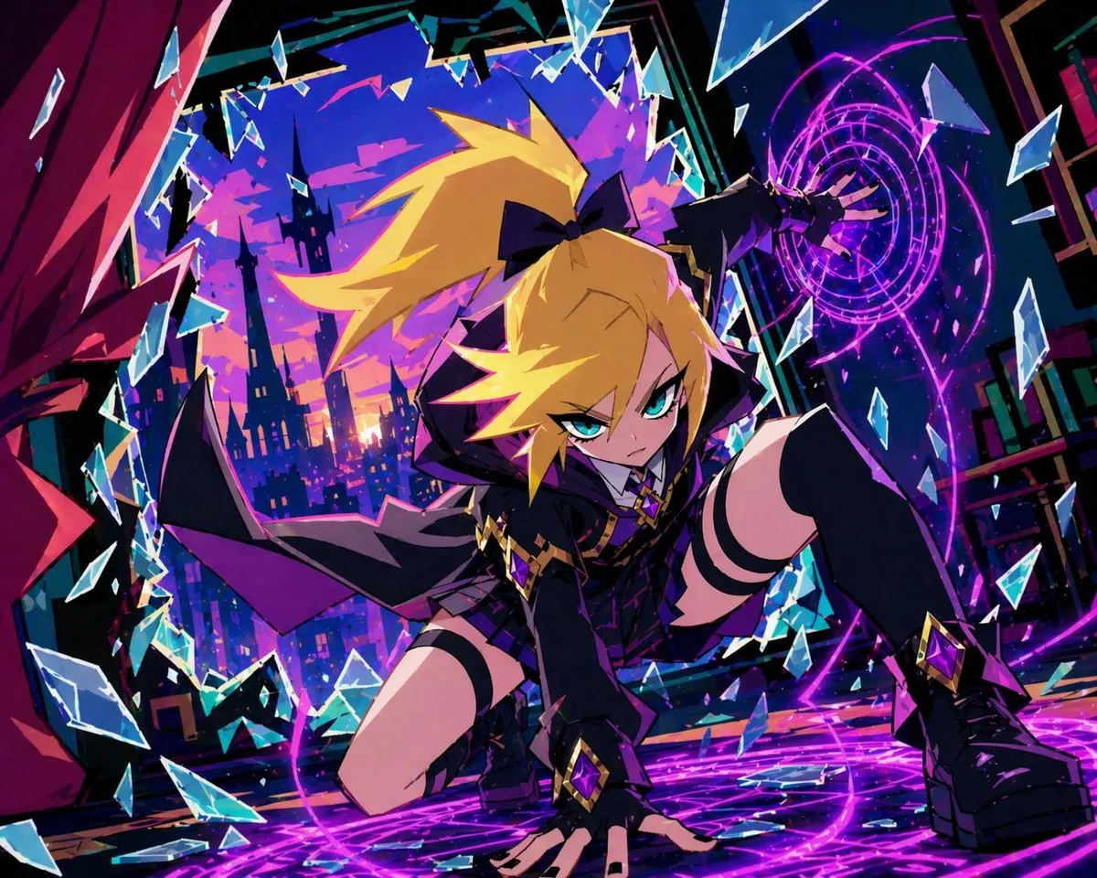 Dynamic Anime Girl Shattering Glass Barrier - Landscape, Art, Storyboard - AI Generated Image