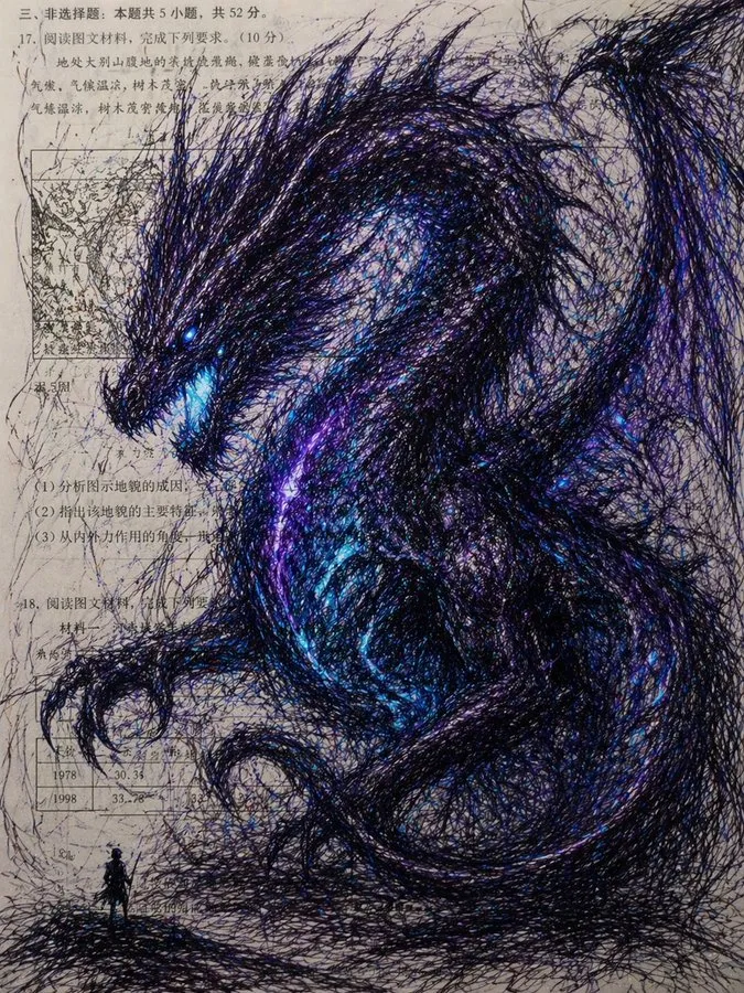 Colossal Dragon Scribble Art on Textbook - Art, Abstract, Portrait - AI Generated Image