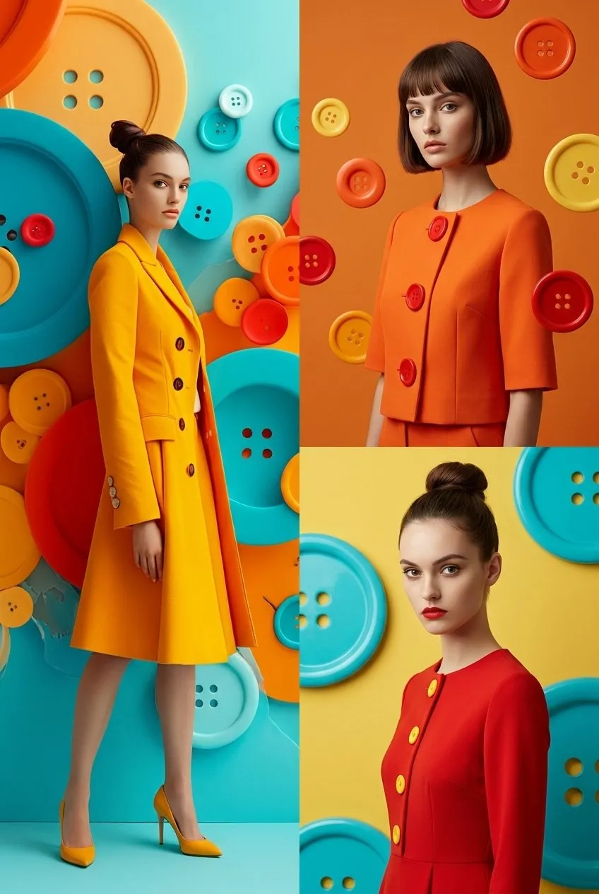 Surreal Oversized Button Fashion Editorial - Abstract, Portrait, Photography - AI Generated Image