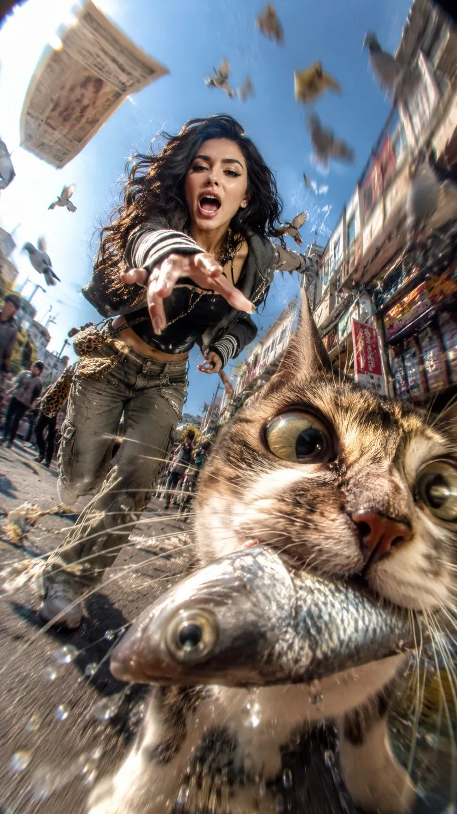 Wild Y2K Fisheye Cat Chase Snapshot - Animal, Photography, Abstract - AI Generated Image