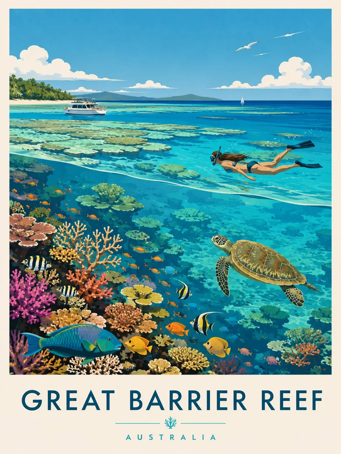 Vibrant Great Barrier Reef Travel Poster - Typography, Landscape, Design - AI Generated Image