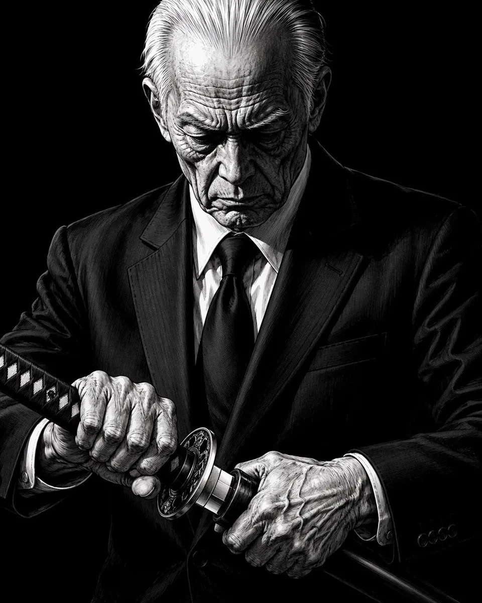 Gritty B&W Samurai Elder Portrait - Portrait, Art, Product - AI Generated Image