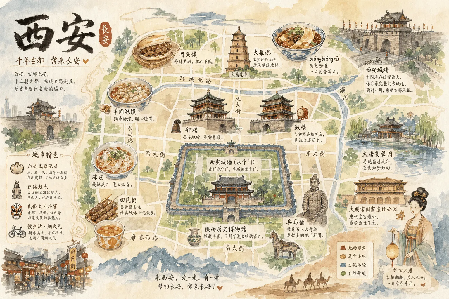 Hand-Drawn Xi'an City Food and Landmark Map - City, Food, Product - AI Generated Image
