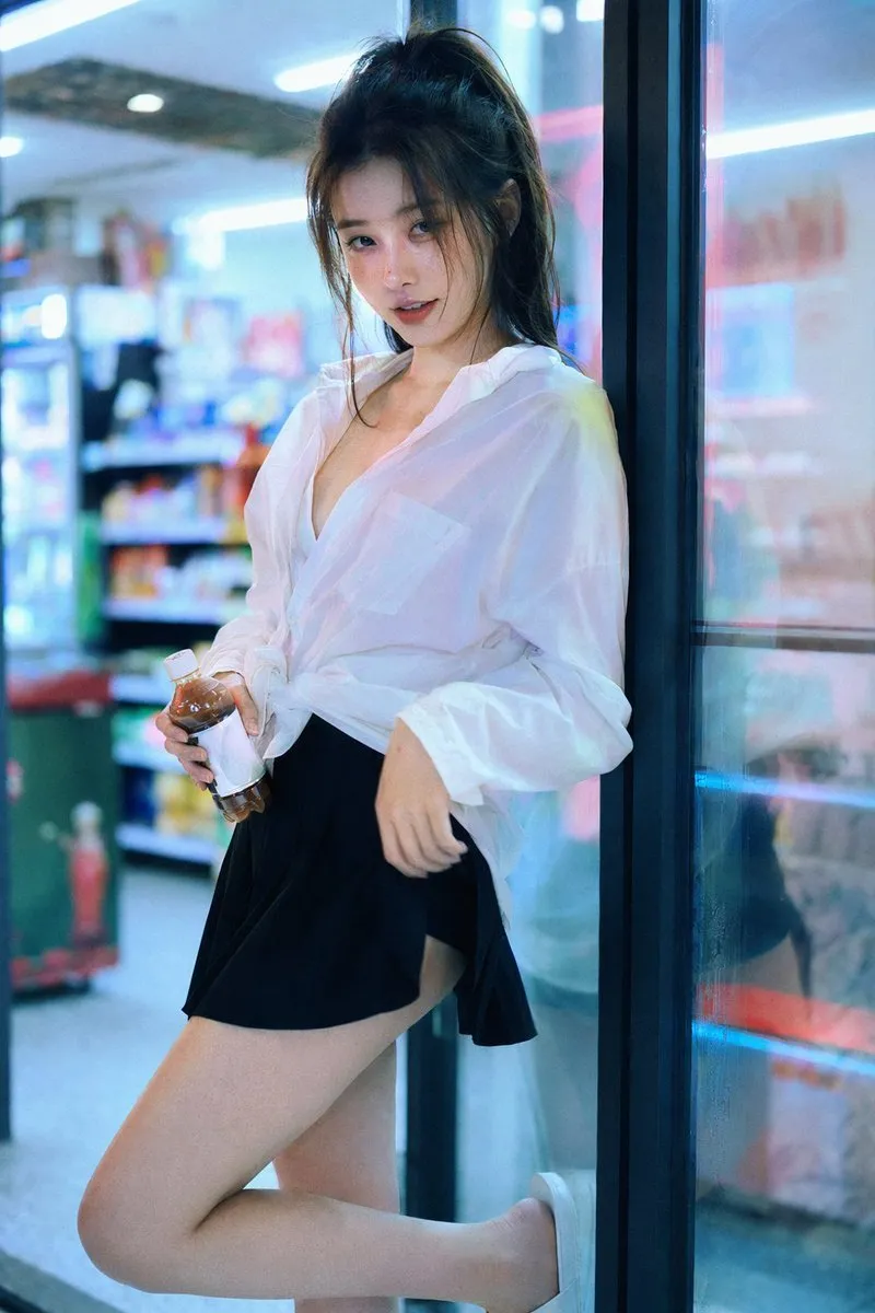 Neon-Lit Convenience Store Idol Fashion Portrait - Photography, Storyboard, Landscape - AI Generated Image