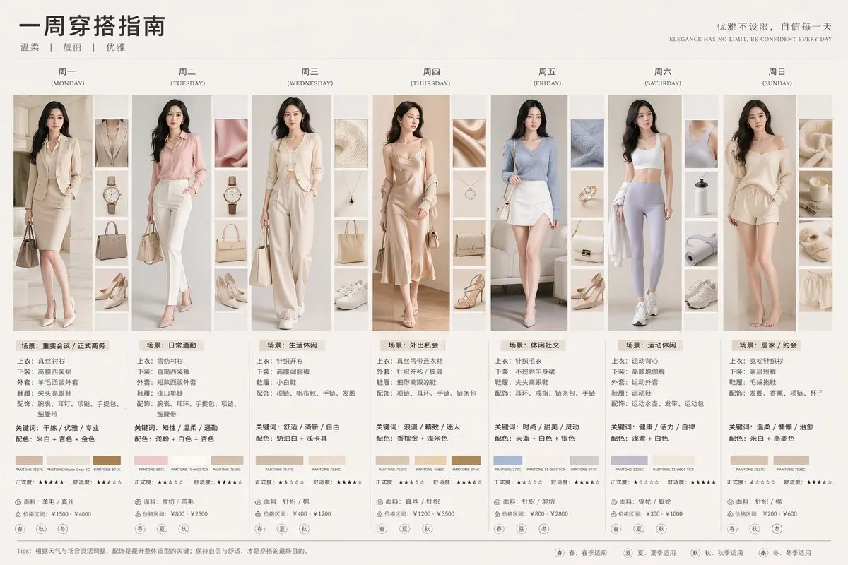 7-Day Fashion Outfit Style Guide - Storyboard, Portrait, Product - AI Generated Image