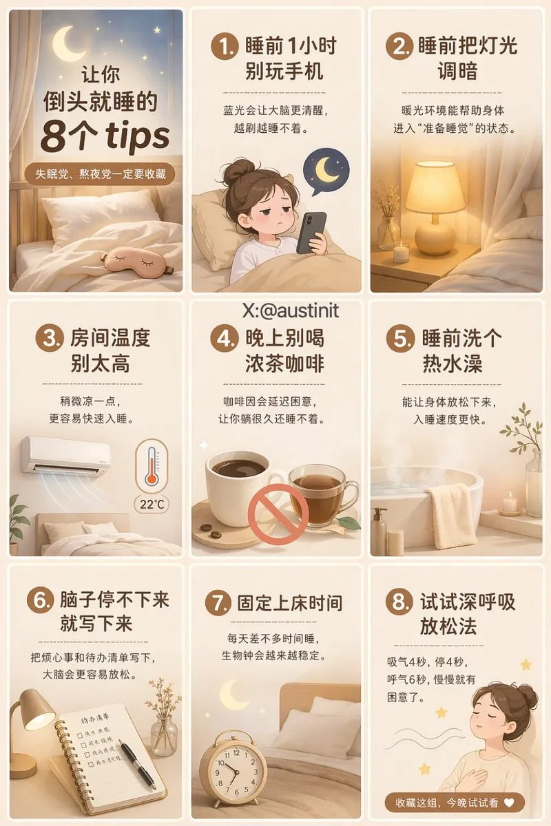 Clean Xiaohongshu 9-Grid Sleep Tips Infographic - Typography, Design, Food - AI Generated Image