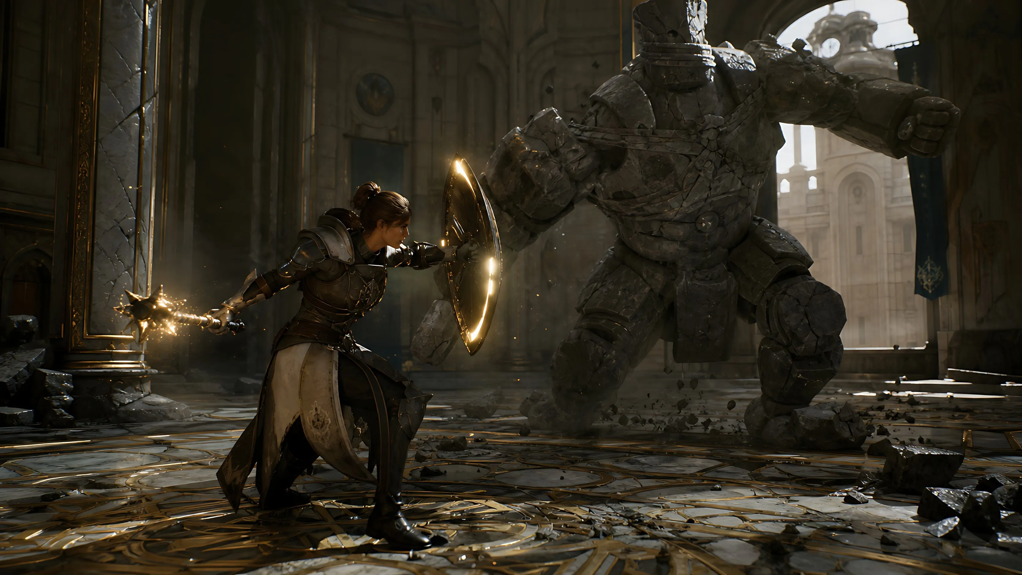 Epic Dark Fantasy Cathedral Battle Scene - Photography, Storyboard, Typography - AI Generated Image