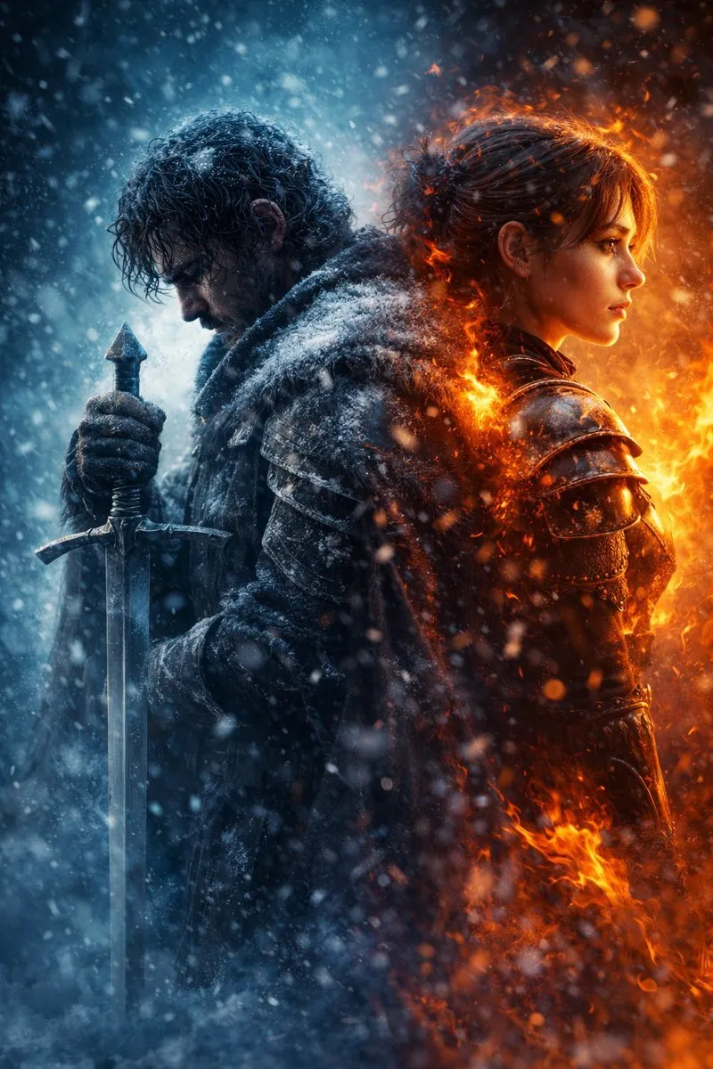 Epic Fire and Ice Fantasy Warriors Poster - Photography, Storyboard, Typography - AI Generated Image