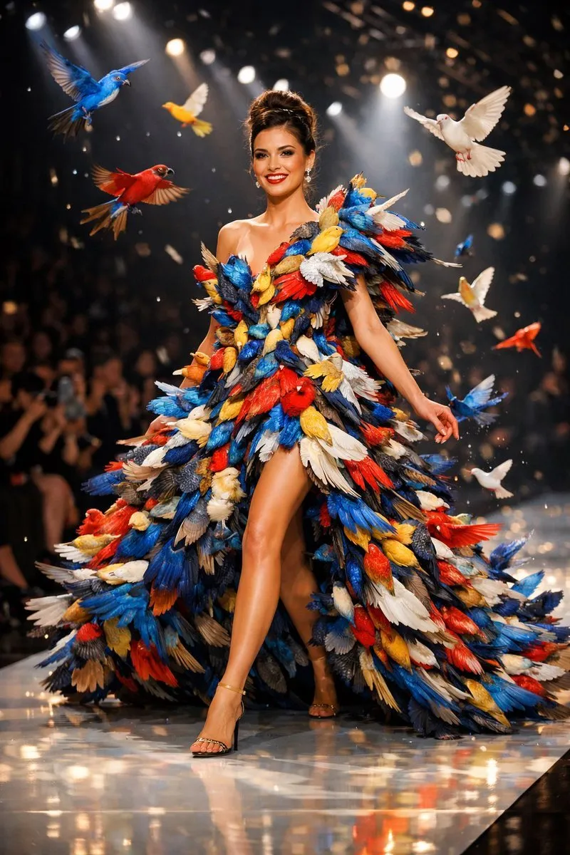 Whimsical Bird Couture Runway Fashion Scene - Animal, Abstract, Storyboard - AI Generated Image