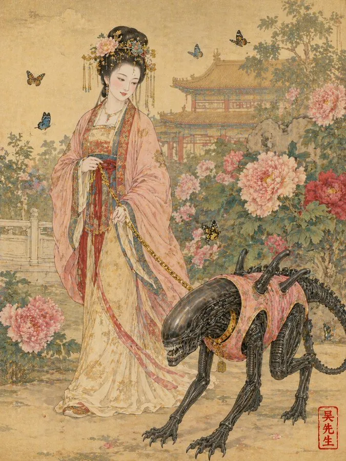 Tang Lady Walking Alien Monster Gongbi Art - Animal, Landscape, Art - AI Generated Image