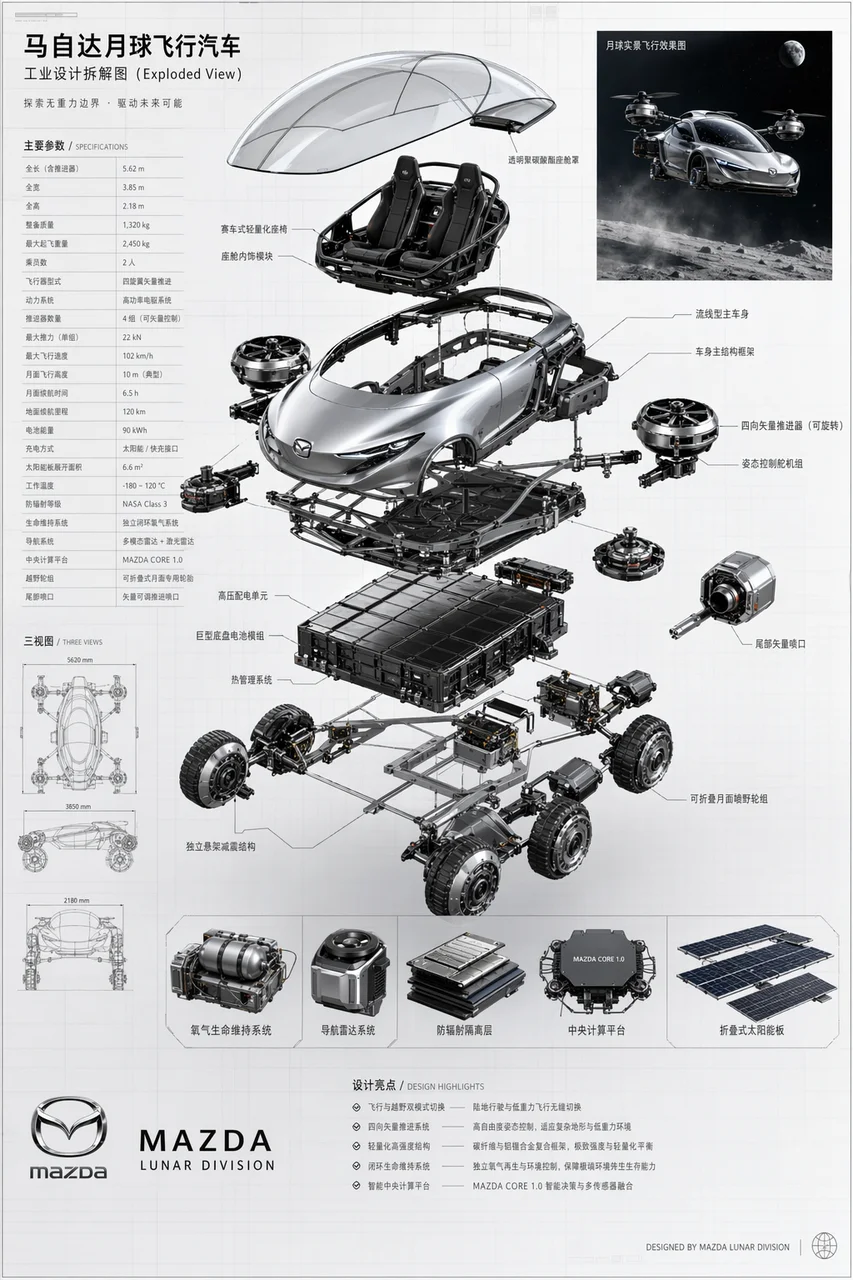 Mazda Lunar Flying Car Exploded Diagram - industrial design, automotive - AI Generated Image